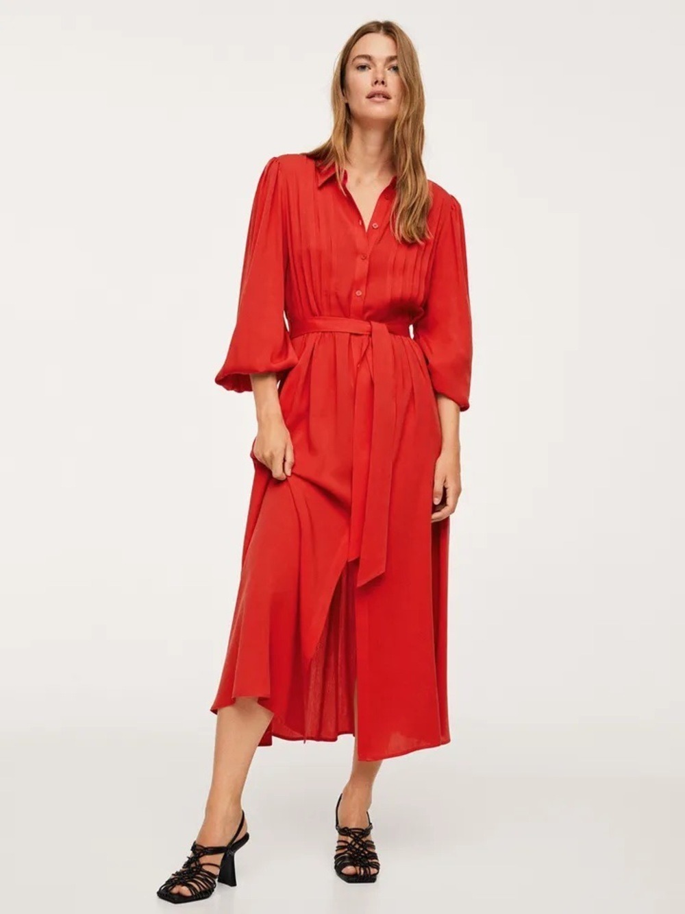 MANGO RED SOLID LYOCELL MIDI SHIRT DRESS SIZE S